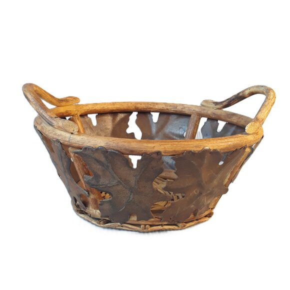 Handmade Wood, Metal Leaves, Raw Edge Basket Rustic Cottagecore Prairie Boho - Picture 1 of 7